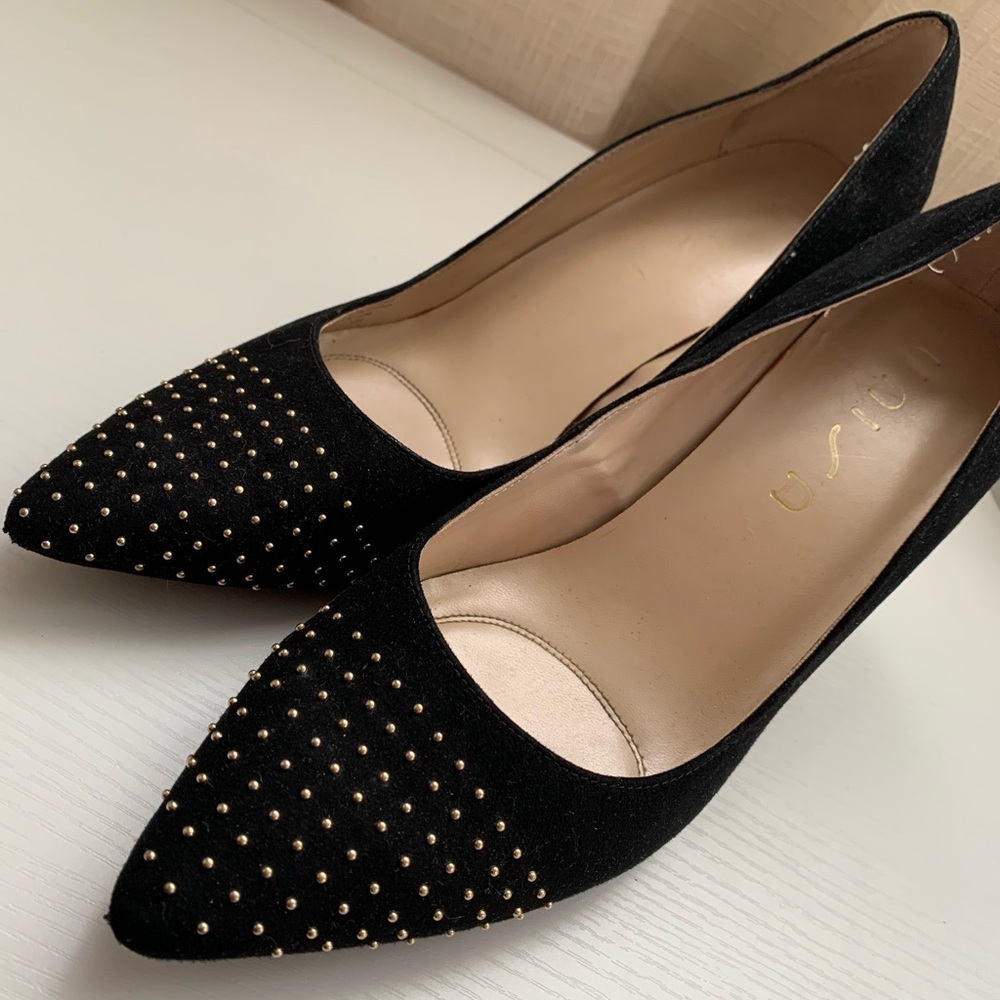 Black matte gold stud heels